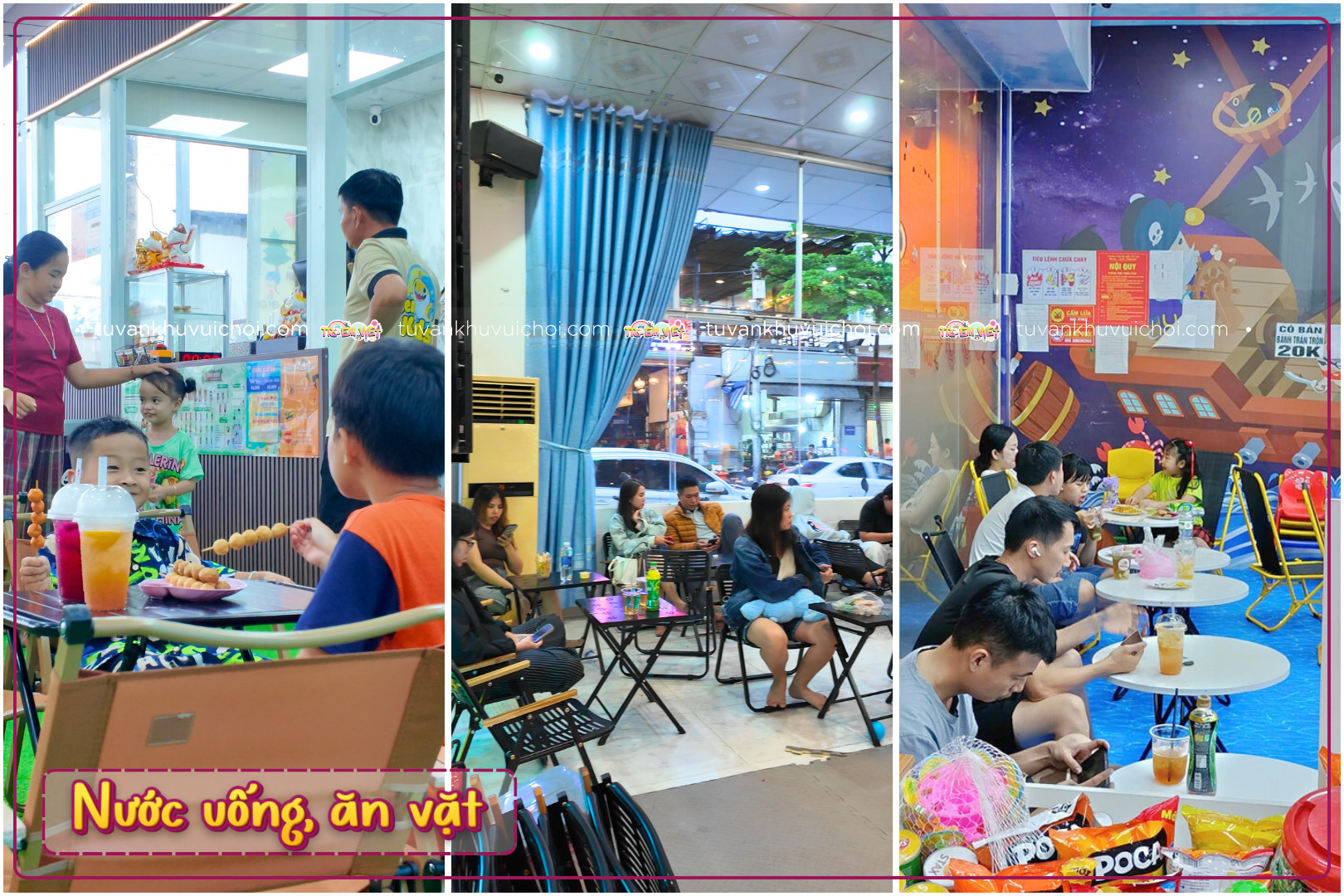 Khu vực nghỉ ngơi với nước uống, ăn vặt dành cho ba mẹ