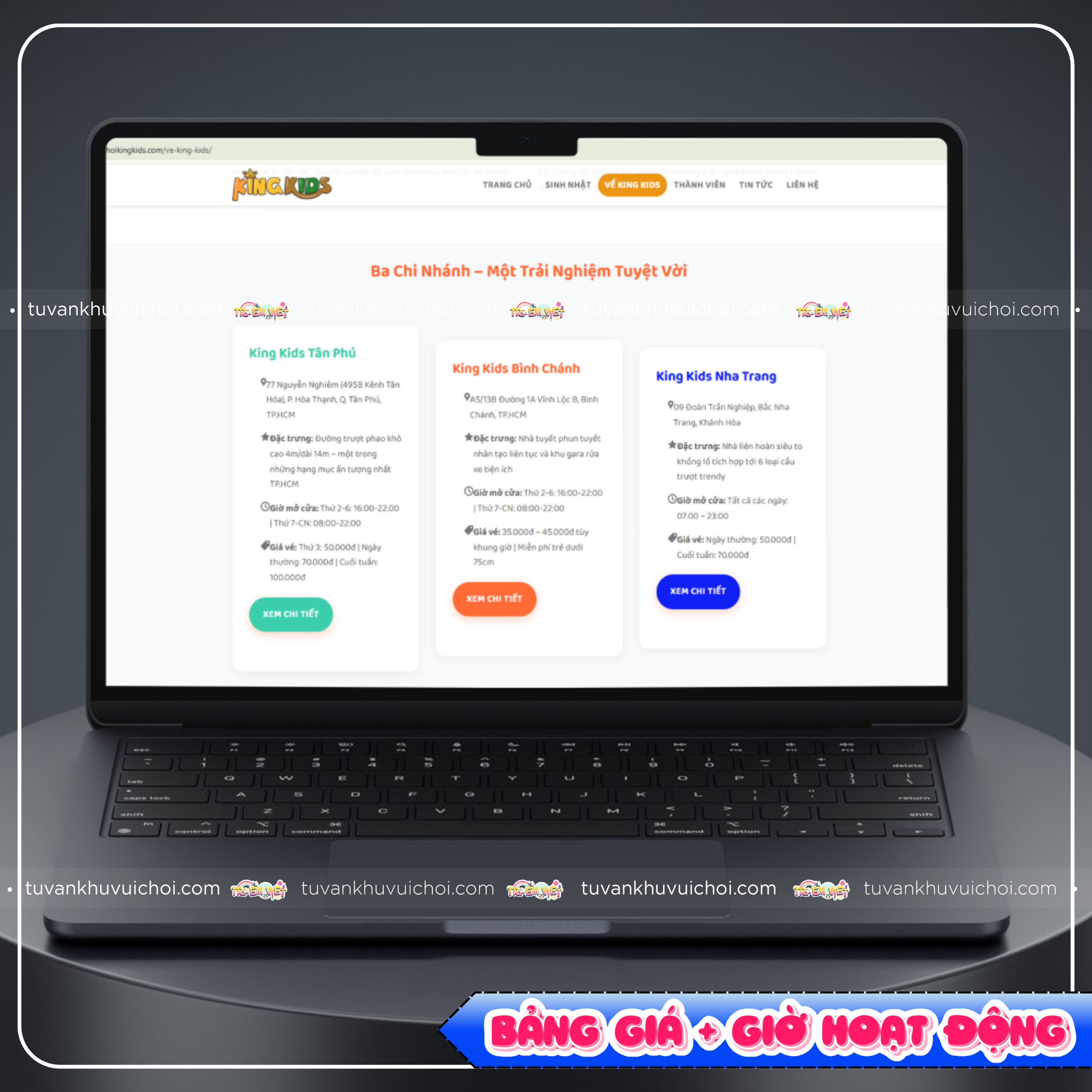 Bảng giá và giờ hoạt động trực quan trên website khu vui chơi