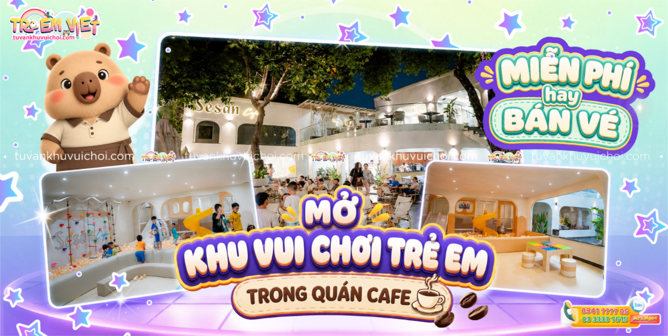 Banner Mở khu vui chơi trẻ em trong quán cafe